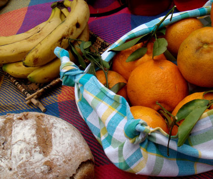 Frutas e pães na toalha de picnic